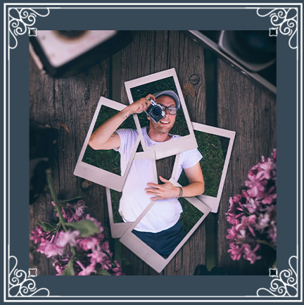 Autoportrait de Joel Robison avec des polaroids